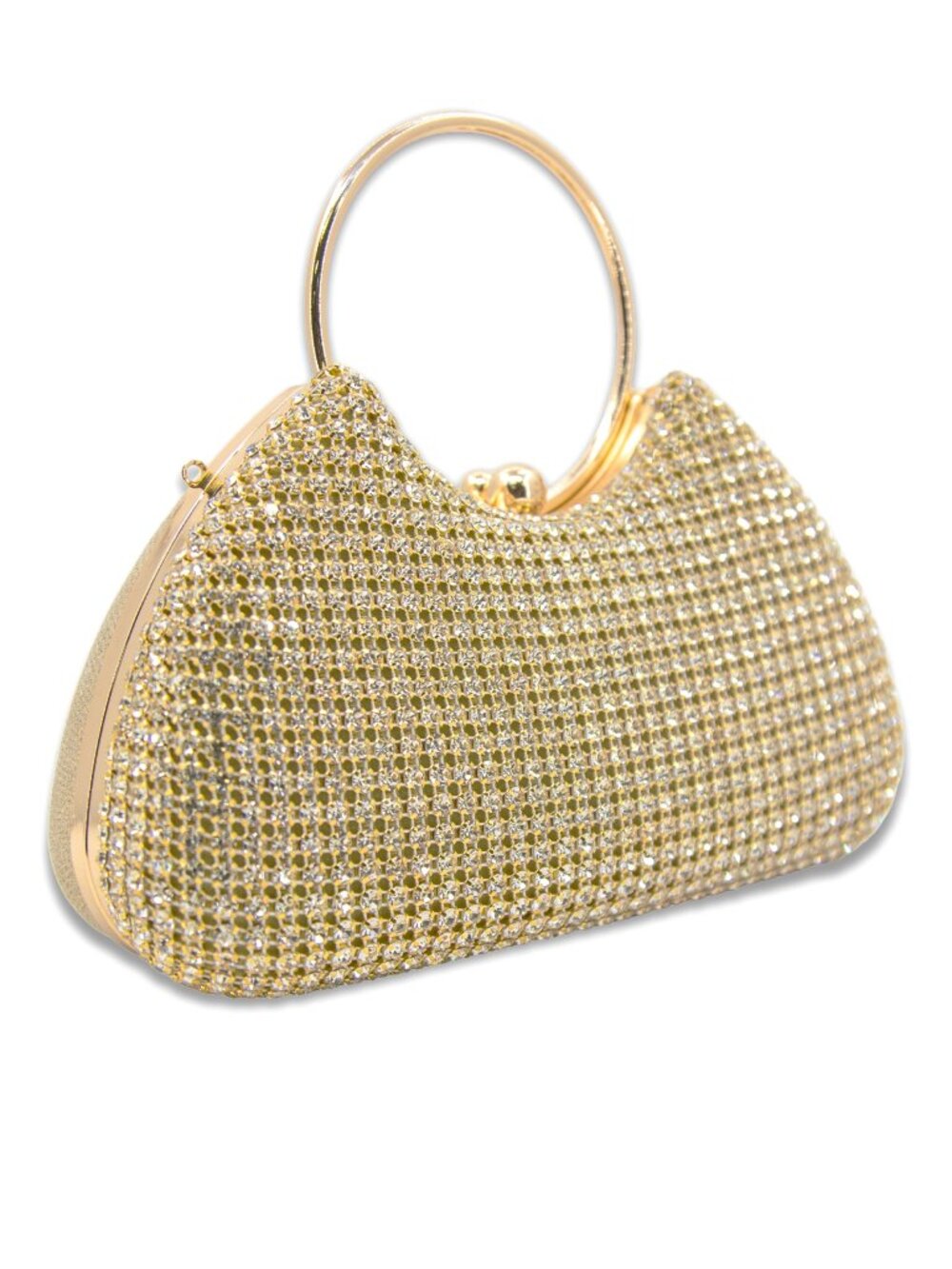 NWT Gold Rhinestone Evening Clutch Bag Hoop Handle Satin Prom Wedding